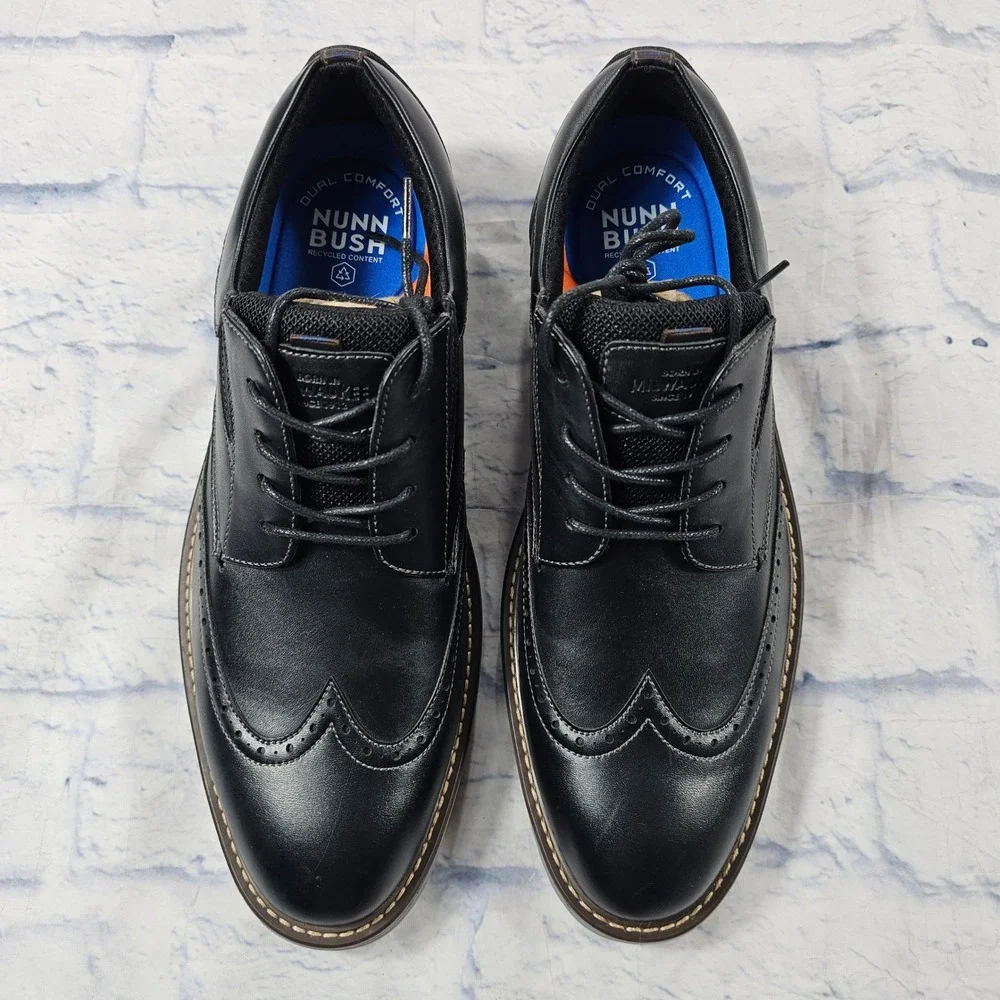 Nunn Bush Wingtip Oxford Mens 10 Black Dual Comfort Brogue Dress Shoes